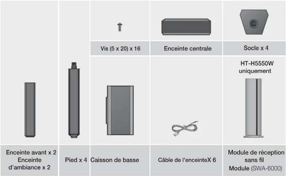 Vis (5 x 20) x 16 Enceinte centrale Socle x 4 HT-H5550W uniquement Enceinte avant x 2 Enceinte d'ambiance x 2 Pied x 4 Caisson de basse Câble de l'enceinteX 6 Module de réception sans fil Module (SWA-6000)