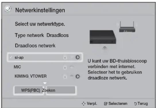 Netwerkinstellingen Select uw netwerktype. Type netwerk Draadloos Draadloos netwerk si-ap MIC KIMING VTOWER WPS(PBC) Zoeken U kunt uw BD-thuisbioscoop verbinden met internet. Selecteer het te gebruiken draadloze netwerk. Verpl. Selecteren Terug