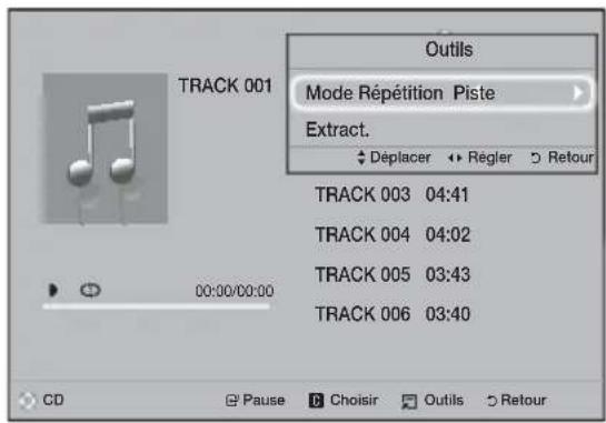 Outils Track 001 Mode Répétition Piste Extract. Déplacer Régier Retour TRACK 003 04:41 TRACK 004 04:02 TRACK 005 03:43 TRACK 006 03:40 CD Pause Choisir Outils Retour