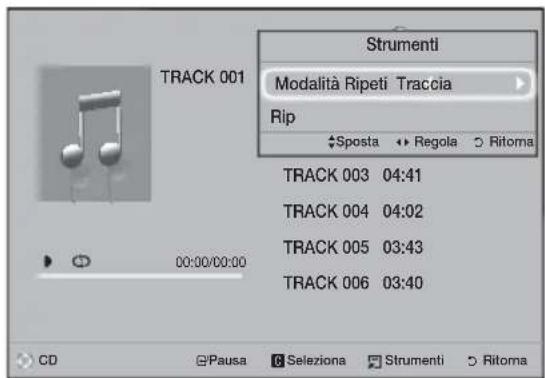STRUMENTI Modalità Ripeti Traccia Rip Sposta Regola Ritoma TRACK 003 04:41 TRACK 004 04:02 TRACK 005 03:43 TRACK 006 03:40 CD Pausa Seleziona Strumenti Ritoma