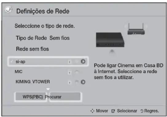 Definições de Rede Seleccione o tipo de rede. Tipo de Rede Sem fios Rede sem fios si-ap MIC KIMING VTOWER WPS(PBC) Procurar Pode ligar Cinema em Casa BD à Internet. Seleccione a rede sem fios a utilizar. Mover Seleccionar Regres.