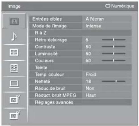 Image Entrées cibles A l'écran Mode de l'image Intense R à Z Rétro-éclairage 5 Contraste 50 Luminosité 50 Couleurs 50 Teinte Temp. couleur Froid Netteté 18 Réduc.de bruit Non Réduct. bruit MPEG Haut Réglages avancés Numérique
