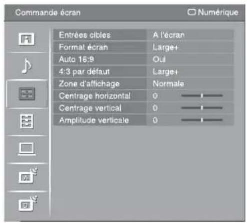 Commande écran Numérique Entrées cibles A l'écran Format écran Large+ Auto 16:9 Oui 4:3 par défaut Large+ Zone d'affichage Normale Centrage horizontal 0 —— Centrage vertical 0 —— Amplitude verticale 0 ——