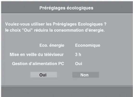 Préréglages écologiques Voulez-vous utiliser les Préréglages Ecologiques ? le choix "Oui" réduira la consommation d'énergie. Eco. énergie Economique Mise en veille du téléviseur 3 h Gestion d'alimentation PC Oui Oui Non