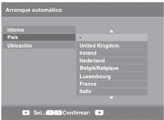Arranque automático Idioma País Ubicación United Kingdom Ireland Nederland België/Belgique Luxembourg France Italia Sel.: Pás Confirmar: