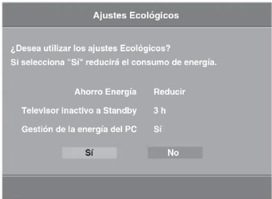 Ajustes Ecológicos ¿Desea utilizar los ajustes Ecológicos? Si selecciona "Sí" reducirá el consumo de energía. Ahorro Energía Reducir Television inactivo a Standby 3 h Gestión de la energía del PC Sí Sí No