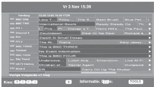 Vandeag 15:30 16:00 16:30 17:00 001 BBC ONE Lazy T... Pinky... The S... Basil Brush Blue Pet... I 002 BBC TWO International Bowls Ready Steady Co... Th... 003 ITV 1 Pirs... Pi... Disney's T... Harry Hill's... The Paul... 004 Channel 4 Countdown Deal Or No Deal Richard & 005 live Death In Small Doses 006 ITV 2 The Ri... Trisha Sally Jexzy... 007 BBC THREE This Is BBC THREE 008 Telctext No Event Information 010 BBC FOUR This Is BBC FOUR 011 Sky Travel Undercove... Luton Airp... Entertainm... Live At Fi... 012 UKTV History Children of... Secret Agent Gunpowd... 013 More 4 ER Carry On Up The Khyber Vorige Volgende +1 Dag Kies: 1.5; 6.0 Informatie: Cple: TOOLS