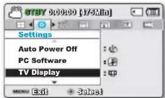 STBY 0:00:00 [17/5 Min] Settings Auto Power Off PC Software TV Display MENU Exit Select