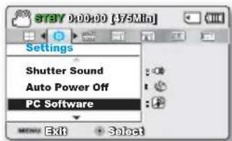 SFRY 0:00:00 [3/5 Min] Settings Shutter Sound Auto Power Off PC Software MENU Exit Select