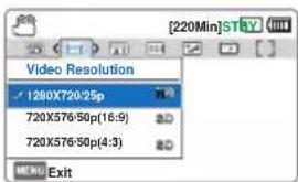Video Resolution 1280X720:25p 720X576:50p(16:9) 720X576:50p(4:3) MENU Exit