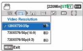 Video Resolution 1280X720:25p 720X576:50p(16:9) 720X576:50p(4:3) MENU Exit
