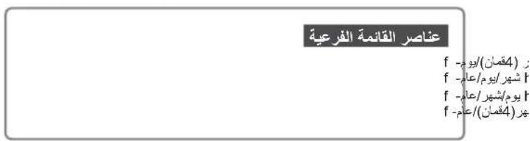 عناصر القائمة الفرعية (4 قمّان) / يوم - f شهر / يوم / عام - f يوم / شهر / عام - f هر (4 قمّان) / عام - f