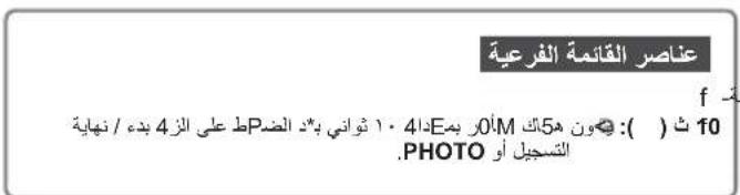 عناصر القائمة الفرعية f f: : ( ) 10 ( ) مون هم اك مأر بمد 4 1 ١ تُوانى ب*د الضط على الز 4 بده / نهاية .PHOTO التسجيل أو
