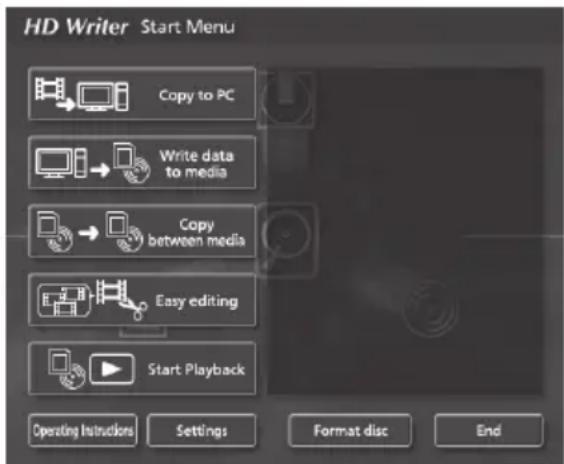 HD Writer Start Menu Copy to PC Write data to media Copy between media Easy editing Start Playback Operating Instructions Settings Format disc End