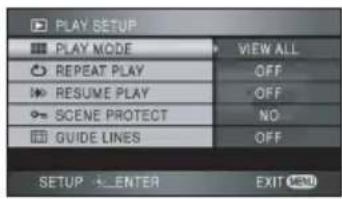 PLAY SETUP PLAY MODE VIEW ALL REPEAT PLAY OFF RESUME PLAY OFF SCENE PROTECT NO GUIDE LINES OFF SETUP ENTER EXIT MENU