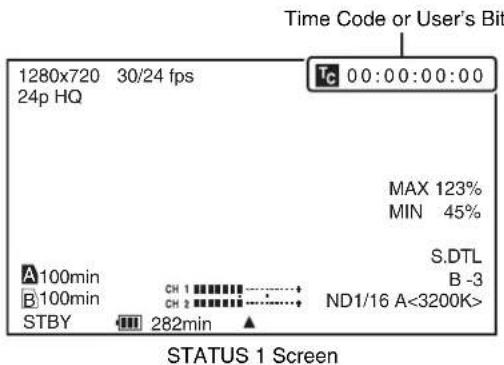 Time Code or User's Bit 1280x720 30/24 fps 24p HQ Tc 00:00:00:00 MAX 123% MIN 45% A 100min B 100min STBY 282min S.DTL B -3 ND1/16 A<3200K> STATUS 1 Screen