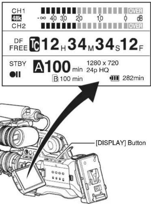 CH1 48k CH2 -∞ 40 30 20 10 0 dB OVER OVER DF FREE TC12H34M34S12F STBY A100 min 1280 x 720 ●II 24p HQ B 100 min 282min [BISPLAY] Button