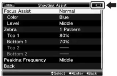 STAV Shooting Assist Focus Assist Normal Color Blue Level Middle Zebra 1 Pattern Top 1 80% Bottom 1 70% Top 2 —— Bottom 2 —— Peaking Frequency Middle Back Select Enter Back