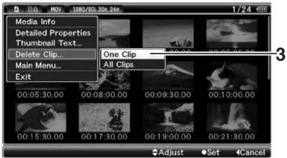 Media Info Detailed Properties Thumbnail Text... Delete Clip... Main Menu... Exit One Clip All Clips 00:05:30.00 00:08:00.00 00:09:30.00 00:10:00.00 00:15:30.00 00:17:30.00 00:19:00.00 00:21:30.00 Adjust Set Cancel