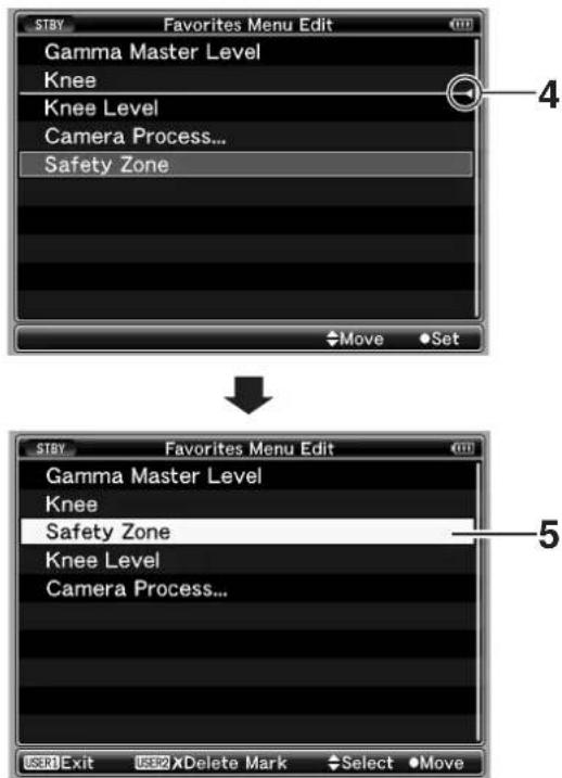 STBY Favorites Menu Edit Gamma Master Level Knee Knee Level Camera Process... Safety Zone Move Set STBY Favorites Menu Edit Gamma Master Level Knee Safety Zone Knee Level Camera Process... USE1 Exit USE2 XDelete Mark Select Move