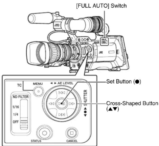 [FULL AUTO] Switch TC ND FILTER 1/16 1/4 OFF STATUS CANCEL SET Button (●) S HUTTER Cross-Shaped Button (▲▼)