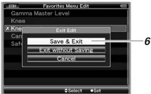 STBY Favorites Menu Edit Gamma Master Level Knee X Knee Exit Edit Save & Exit Exit without Saving Cancel Select Set