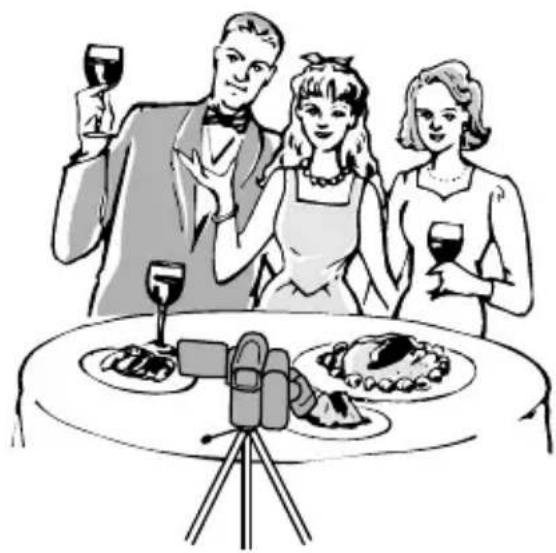 Illustration of a banquet scene with three people holding wine glasses, a TV show on a table, and a camera crew member (no text or symbols)