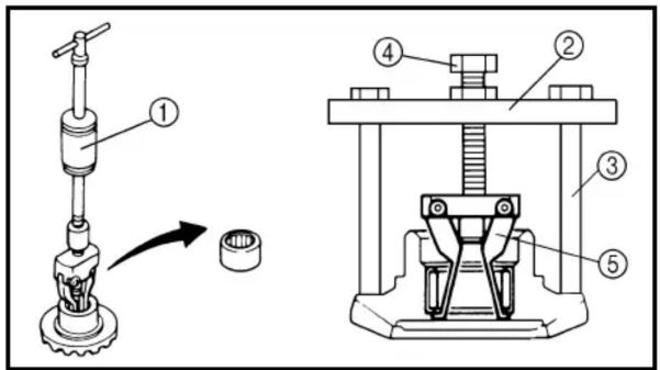 Technical diagram showing mechanical assembly with numbered components and directional arrow indicating motion