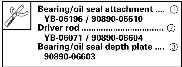 Bearing/oil seal attachment .... ① YB-06196 / 90890-06610 Driver rod .... ② YB-06071 / 90890-06604 Bearing/oil seal depth plate .... ③ 90890-06603