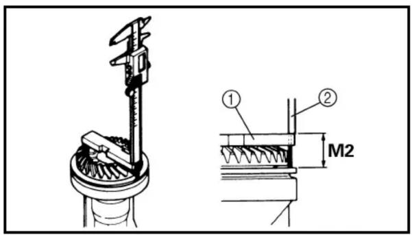 Technical diagram showing mechanical assembly with labeled parts and dimension M2