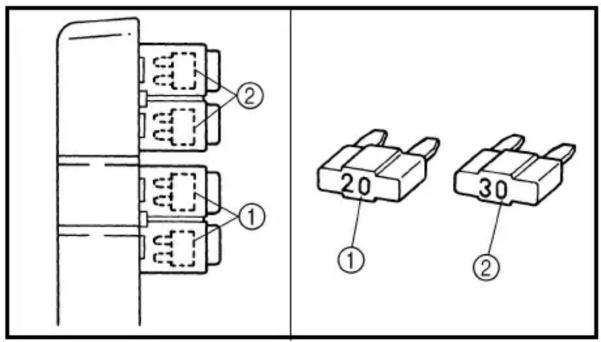 Technical diagram showing two labeled components (① and ②) with numbered parts and a separate diagram of two labeled blocks (① and ②).