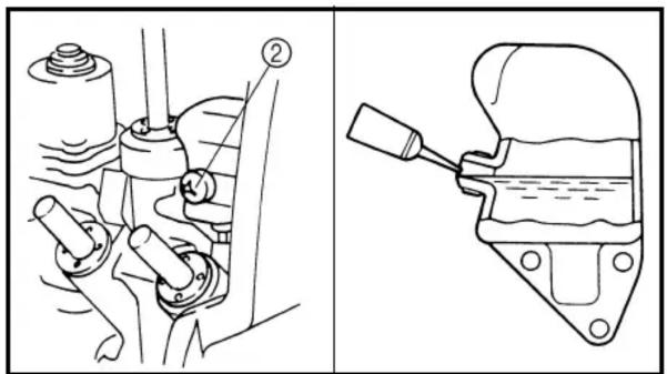 Technical diagram showing mechanical assembly with labeled parts and a close-up of a component being inserted into a fluid.