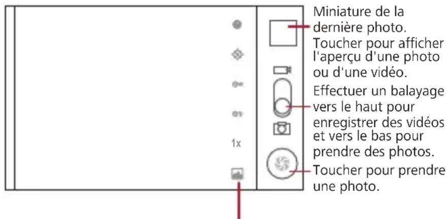Miniature de la dernière photo. Toucher pour afficher l'aperçu d'une photo ou d'une vidéo. Effectuer un balayage vers le haut pour enregistrer des vidéos et vers le bas pour prendre des photos. Toucher pour prendre une photo.