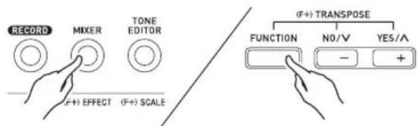 RECORD MIXER TONE EDITOR (F+) EFFECT (F+) SCALE (F+) TRANSPOSE FUNCTION NO/V YES/A - +
