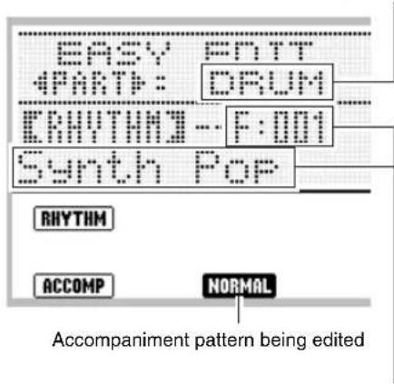 EASY PARTT 4PARTF: DRUM [ERHYTHM] - F:001 Synth Pop RHYTHM ACCOMP NORMAL Accompaniment pattern being edited