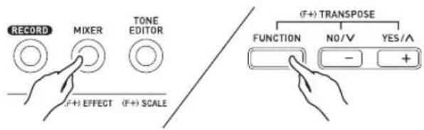 RECORD MIXER TONE EDITOR (F+) EFFECT (F+) SCALE (F+) TRANSPOSE FUNCTION NO/V YES/A - +