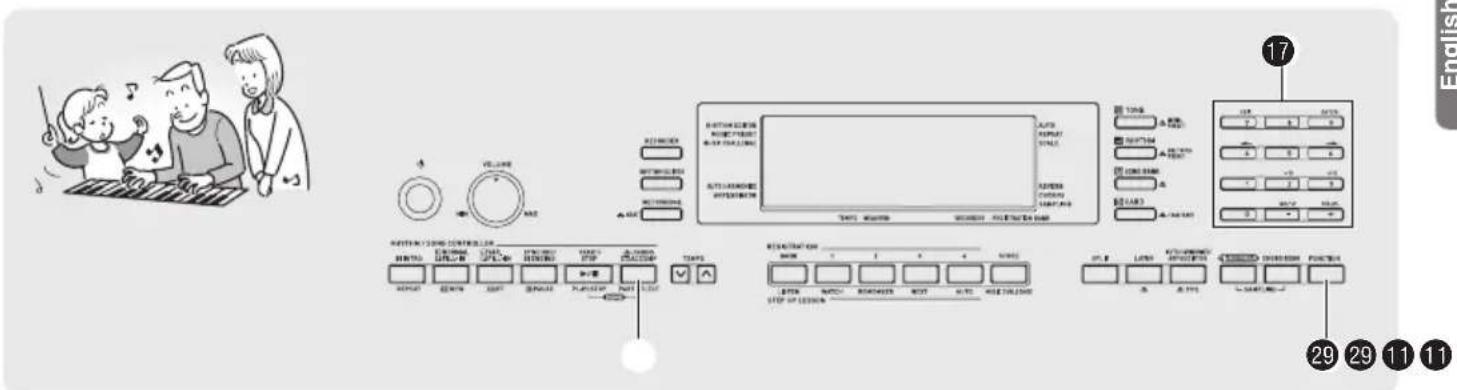 Scanned image of a children's music recording system interface with labeled buttons, controls, and a family photo.