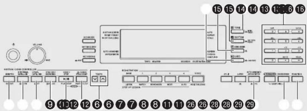 Diagram of a control panel with labeled buttons, switches, and display screen, showing numbered labels from 1 to 29.