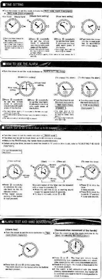 Technical guide for time setting and ALARM testing, showing hand positioning, settings, and performance notes.