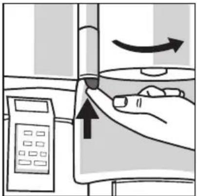Illustration of a hand pressing down on a device with directional arrows indicating motion (no text or symbols)