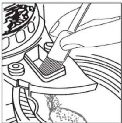 Line drawing of a hand using a tool to clean or inspect mechanical components (no text or symbols)