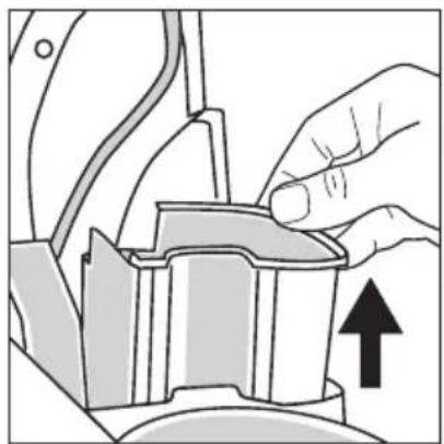 Close-up of a hand pressing down on a mechanical component with an upward arrow indicating motion (no text or symbols)