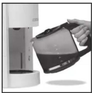 Hand pouring liquid into a white coffee maker (no visible text or symbols)