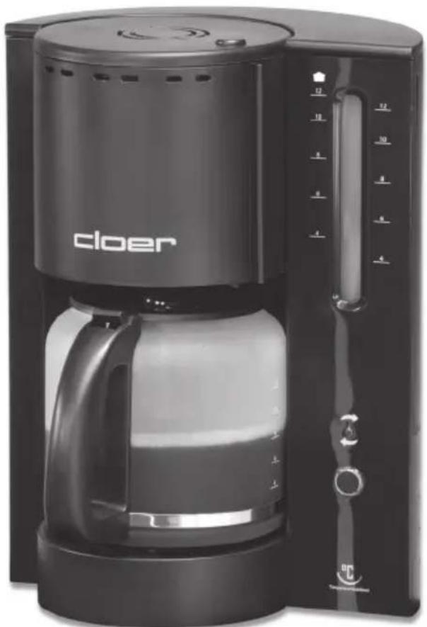 Black cloer coffee maker with digital control panel and side-mounted buttons (no visible text or symbols on device body)