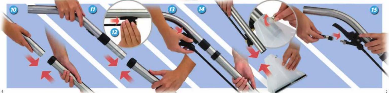 Sequence of handwashing steps for a shower tube, showing numbered instructions and red arrows indicating movement.