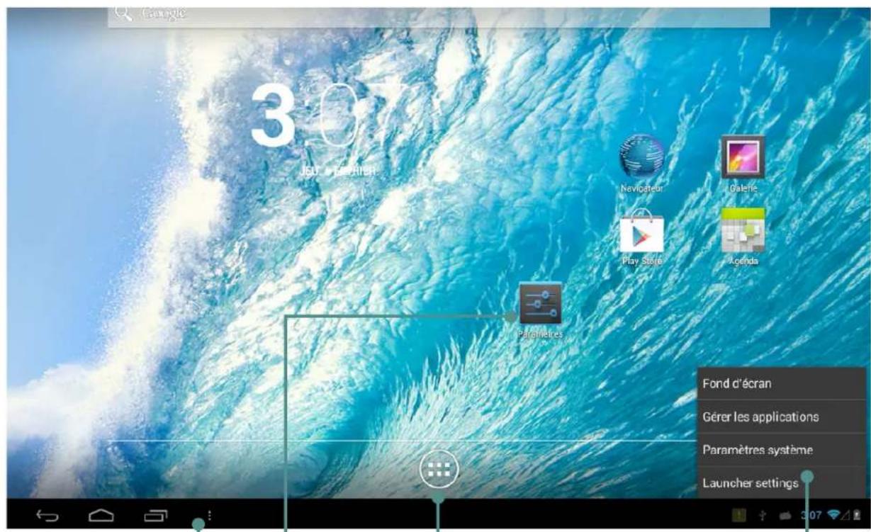 Google 3:07 JSU - TÉRIVER Naviocheur Galerie Play Store Açenda Pagehêtres Fond d'écran Gérer les applications Paramètres système Launcher settings