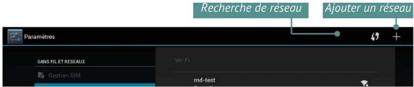 Recherche de réseau Ajouter un réseau Paramètres SANS FILET RESEAUX Gestion SIM Wi-Fi nd-test