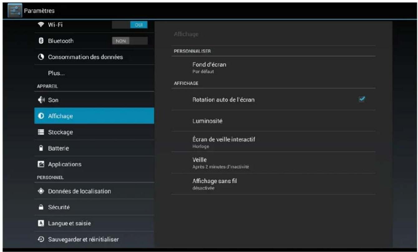 Paramètres Wi-Fi Bluetooth NON Consommation des données Plus... APPAREIL Son Affichage Stockage Batterie Applications PERSONNEL Données de localisation Sécurité Langue et saisie Sauvegarder et réinitialiser Off Affichage PERSONNALISER Fond d'écran Par défaut AFFICHAGE Rotation auto de l'écran Luminosité Écran de veille interactif Horloge Veille Après 2 minutes d'inactivité Affichage sans fil désactivée