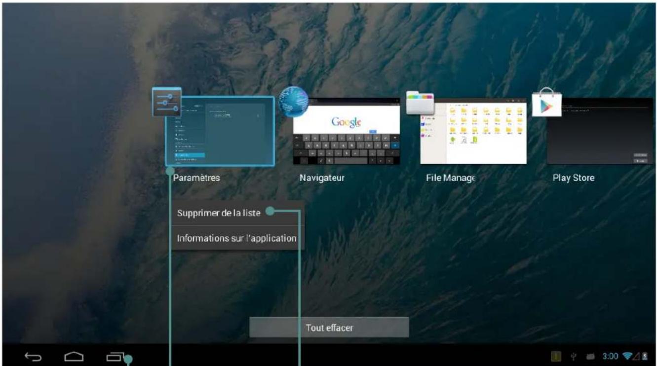 Paramètres Supprimer de la liste Informations sur l'application Navigateur Google File Manage Play Store Tout effacer