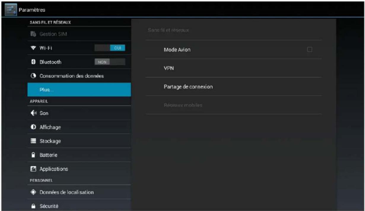 Paramètres SANS FIL ET RÉSEAUX Gestion SIM Wi-Fi OUT Bluetooth NON Consommation des données Plus... APPAREIL Son Affichage Stockage Batterie Applications PERSONNEL Données de localisation Sécurité Sans fil et réseaux Mode Avion VPN Partage de connexion Réseaux mobiles